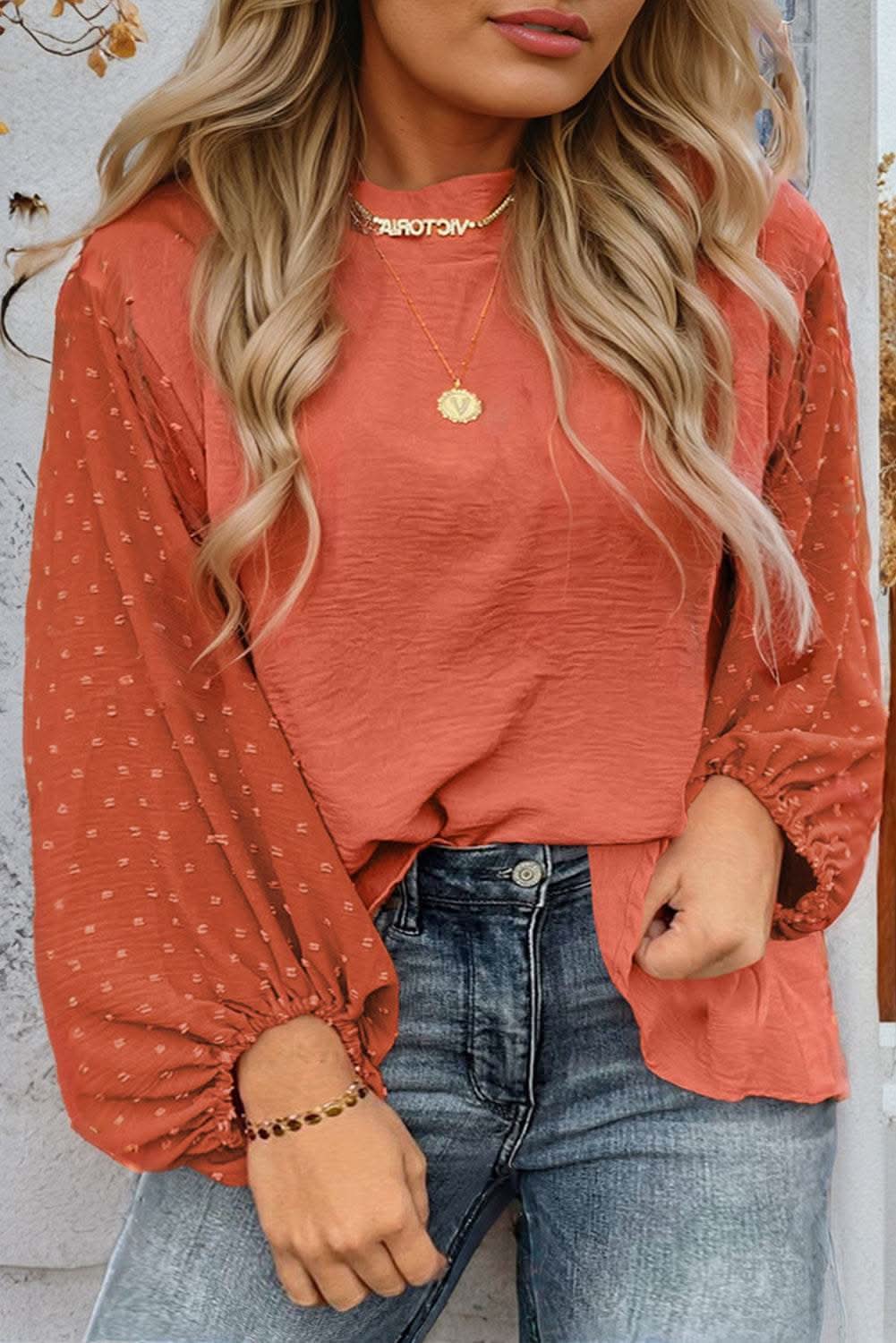 Russet Orange Swiss Dot Balloon Sleeve Loose Blouse - Love Salve